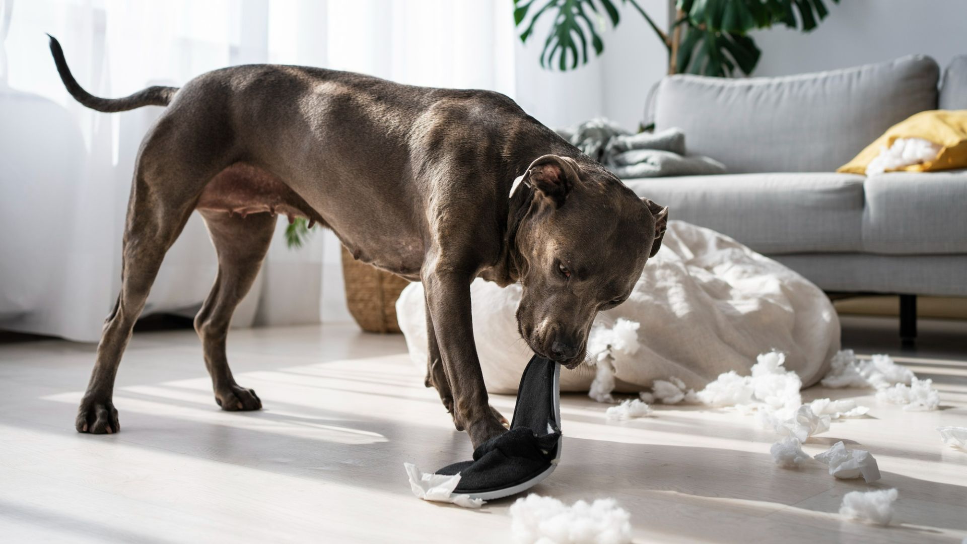 dog biting shoe at home